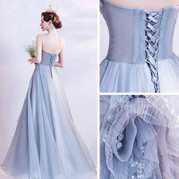 Chic / Beautiful Grey Dancing Prom Dresses 2021 A-Line / Princess Strapless Sleeveless Beading Floor-Length / Long Ruffle Backless Formal Dresses