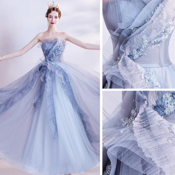 Chic / Beautiful Grey Dancing Prom Dresses 2021 A-Line / Princess Strapless Sleeveless Beading Floor-Length / Long Ruffle Backless Formal Dresses