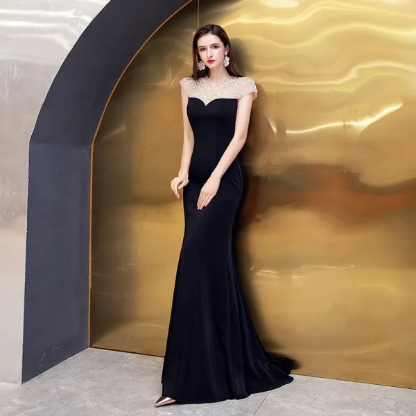 High-end Black Evening Dresses 2021 Trumpet / Mermaid See-through Scoop ...