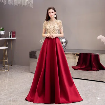 Two Tone Gold Burgundy Satin See Through Prom Dresses 2021 A Line Princess High Neck Short Sleeve Beading Sash Sweep Train Ruffle Formal Dresses