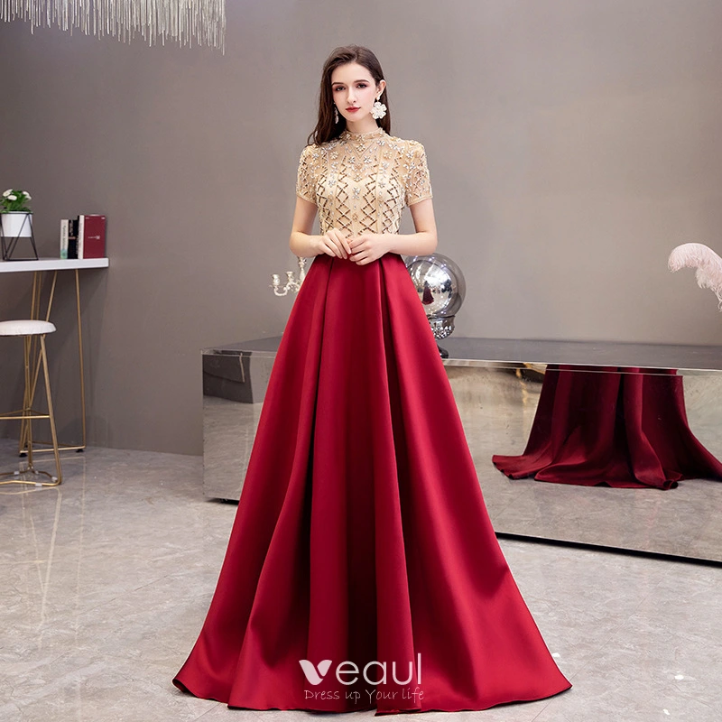 Maroon Gold Combination Dresses Two Tone Gold Burgundy Satin See-through  Prom Dresses 2021 A-Line