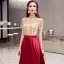 Two Tone Gold Burgundy Satin See-through Prom Dresses 2021 A-Line / Princess High Neck Short Sleeve Beading Sash Sweep Train Ruffle Formal Dresses