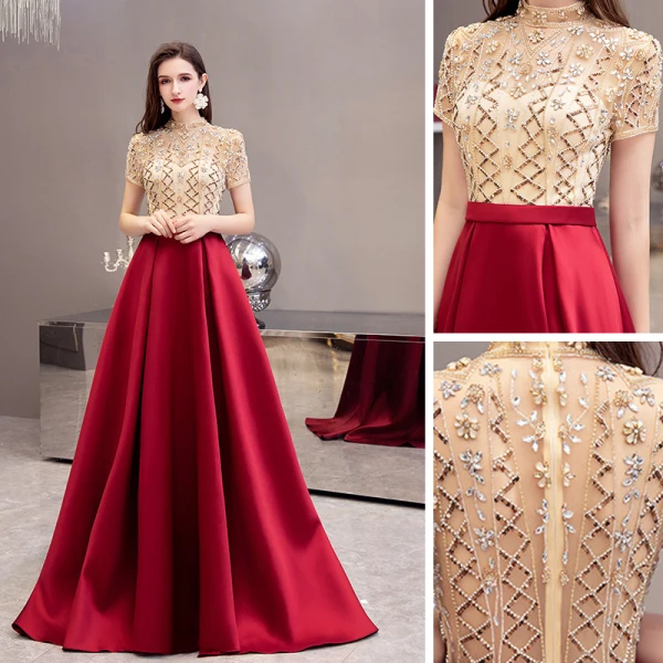 Two Tone Gold Burgundy Satin See-through Prom Dresses 2021 A-Line / Princess High Neck Short Sleeve Beading Sash Sweep Train Ruffle Formal Dresses