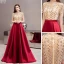 Two Tone Gold Burgundy Satin See-through Prom Dresses 2021 A-Line / Princess High Neck Short Sleeve Beading Sash Sweep Train Ruffle Formal Dresses