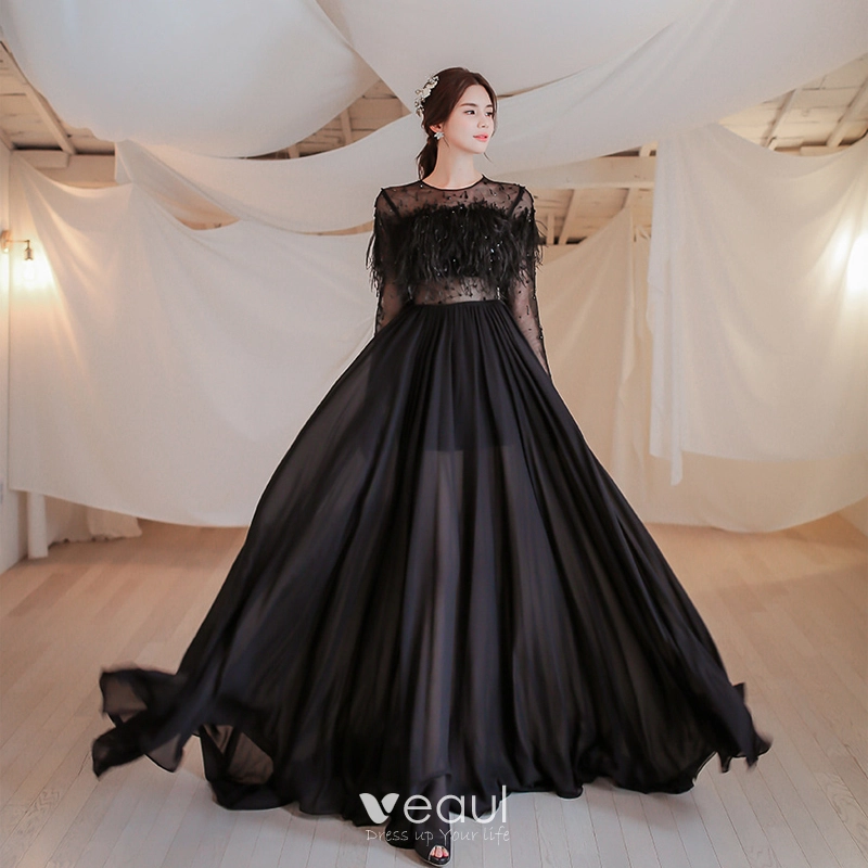 High-end Black See-through Prom Dresses 2021 A-Line / Princess Scoop Neck Long Sleeve Beading Feather Sweep Train Formal Dresses High-end Black See-through Prom Dresses 2021 A-Line / Princess Scoop Neck Long Sleeve Beading Feather Sweep Train Formal Dresses