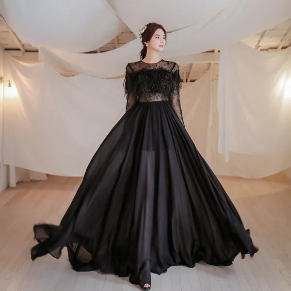 High-end Black See-through Prom Dresses 2021 A-Line / Princess Scoop Neck Long Sleeve Beading Feather Sweep Train Formal Dresses