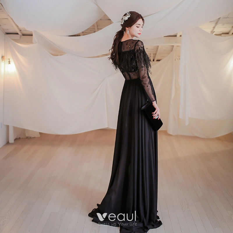 High-end Black See-through Prom Dresses 2021 A-Line Princess Scoop Neck Long Sleeve High-end Black See-through Prom Dresses 2021 A-Line Princess Scoop Neck Long Sleeve