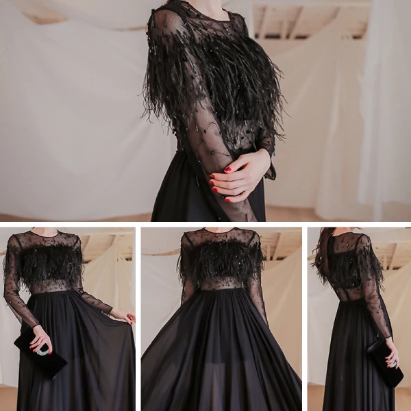 High End Schwarz Durchsichtige Ballkleider 2021 A Linie Rundhalsausschnitt Lange Ärmel Perlenstickerei Feder Sweep / Pinsel Zug Festliche Kleider