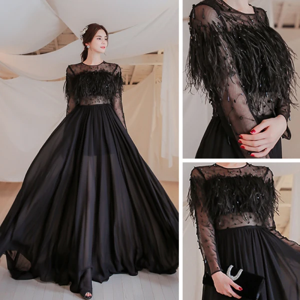 High End Schwarz Durchsichtige Ballkleider 2021 A Linie Rundhalsausschnitt Lange Ärmel Perlenstickerei Feder Sweep / Pinsel Zug Festliche Kleider