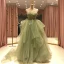 High-end Lime Green Prom Dresses 2021 Ball Gown Spaghetti Straps Sleeveless Appliques Lace Beading Sweep Train Ruffle Backless Formal Dresses