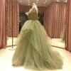 High-end Lime Green Prom Dresses 2021 Ball Gown Spaghetti Straps Sleeveless Appliques Lace Beading Sweep Train Ruffle Backless Formal Dresses
