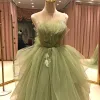 High-end Lime Green Prom Dresses 2021 Ball Gown Spaghetti Straps Sleeveless Appliques Lace Beading Sweep Train Ruffle Backless Formal Dresses