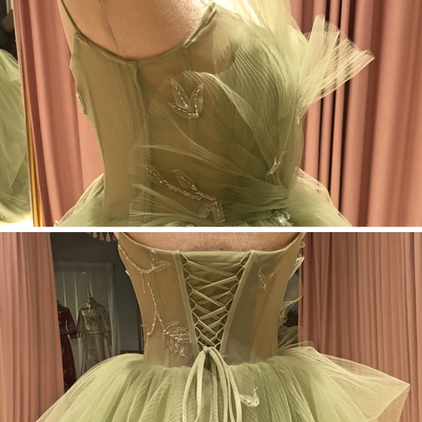 High-end Lime Green Prom Dresses 2021 Ball Gown Spaghetti Straps Sleeveless Appliques Lace Beading Sweep Train Ruffle Backless Formal Dresses
