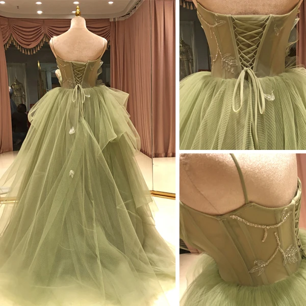 High-end Lime Green Prom Dresses 2021 Ball Gown Spaghetti Straps Sleeveless Appliques Lace Beading Sweep Train Ruffle Backless Formal Dresses