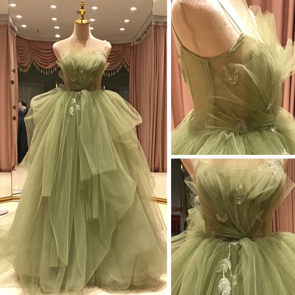 High-end Lime Green Prom Dresses 2021 Ball Gown Spaghetti Straps Sleeveless Appliques Lace Beading Sweep High-end Lime Green Prom Dresses 2021 Ball Gown Spaghetti Straps Sleeveless Appliques Lace Beading Sweep