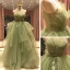 High-end Lime Green Prom Dresses 2021 Ball Gown Spaghetti Straps Sleeveless Appliques Lace Beading Sweep Train Ruffle Backless Formal Dresses