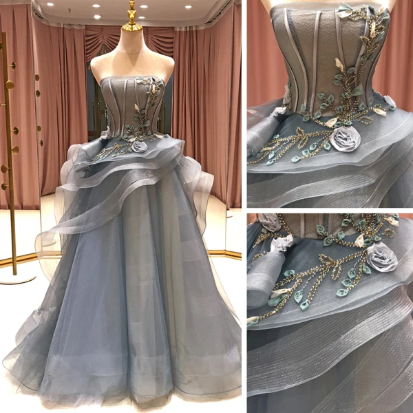 High End Grau Tanzen Ballkleider 2021 Ballkleid Bandeau Ärmellos Applikationen Spitze Perlenstickerei Sweep / Pinsel Zug Rüschen Rückenfreies Festliche Kleider