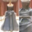 High End Grau Tanzen Ballkleider 2021 Ballkleid Bandeau Ärmellos Applikationen Spitze Perlenstickerei Sweep / Pinsel Zug Rüschen Rückenfreies Festliche Kleider