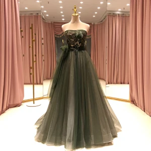 High End Green Dancing Prom Dresses 2021 A Line Princess Strapless Sleeveless Appliques Lace Beading Glitter Tulle Floor Length Long Ruffle Backless Formal Dresses