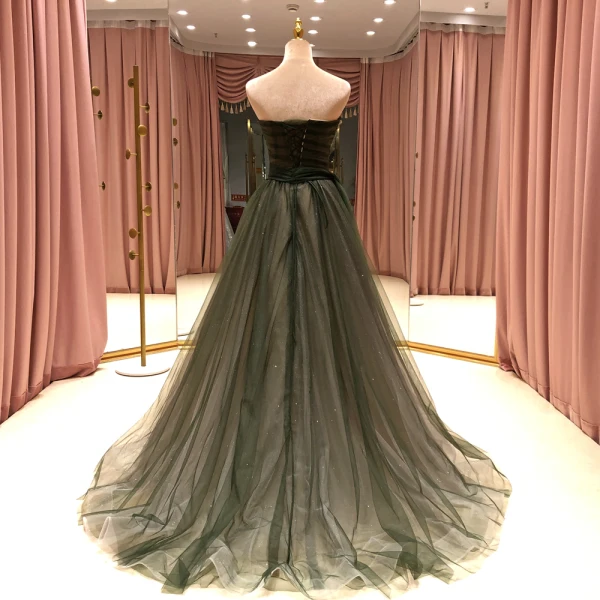 High-end Green Dancing Prom Dresses 2021 A-Line / Princess Strapless Sleeveless Appliques Lace Beading Glitter Tulle Floor-Length / Long Ruffle Backless Formal Dresses