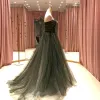 High-end Green Dancing Prom Dresses 2021 A-Line / Princess Strapless Sleeveless Appliques Lace Beading Glitter Tulle Floor-Length / Long Ruffle Backless Formal Dresses