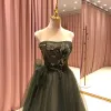 High-end Green Dancing Prom Dresses 2021 A-Line / Princess Strapless Sleeveless Appliques Lace Beading Glitter Tulle Floor-Length / Long Ruffle Backless Formal Dresses