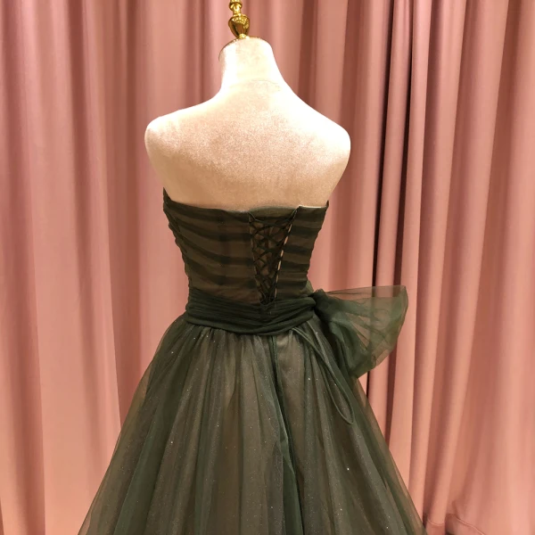 High-end Green Dancing Prom Dresses 2021 A-Line / Princess Strapless Sleeveless Appliques Lace Beading Glitter Tulle Floor-Length / Long Ruffle Backless Formal Dresses