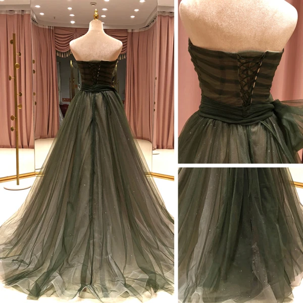 High-end Green Dancing Prom Dresses 2021 A-Line / Princess Strapless Sleeveless Appliques Lace Beading Glitter Tulle Floor-Length / Long Ruffle Backless Formal Dresses