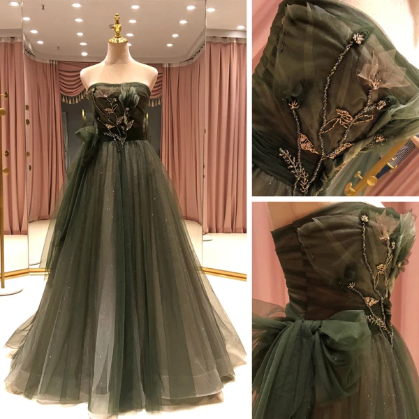 High-end Green Dancing Prom Dresses 2021 A-Line / Princess Strapless Sleeveless Appliques Lace Beading Glitter Tulle Floor-Length / Long Ruffle Backless Formal Dresses