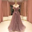 High End Rosa Durchsichtige Ballkleider 2021 A Linie Eckiger Ausschnitt Kurze Ärmel Perlenstickerei Sweep / Pinsel Zug Rüschen Festliche Kleider
