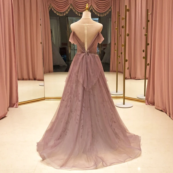 High End Rosa Durchsichtige Ballkleider 2021 A Linie Eckiger Ausschnitt Kurze Ärmel Perlenstickerei Sweep / Pinsel Zug Rüschen Festliche Kleider