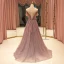 High End Rosa Durchsichtige Ballkleider 2021 A Linie Eckiger Ausschnitt Kurze Ärmel Perlenstickerei Sweep / Pinsel Zug Rüschen Festliche Kleider