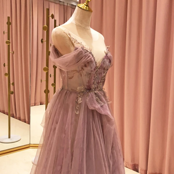 High End Rosa Durchsichtige Ballkleider 2021 A Linie Eckiger Ausschnitt Kurze Ärmel Perlenstickerei Sweep / Pinsel Zug Rüschen Festliche Kleider