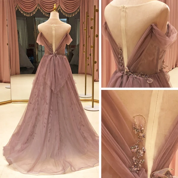 High End Rosa Durchsichtige Ballkleider 2021 A Linie Eckiger Ausschnitt Kurze Ärmel Perlenstickerei Sweep / Pinsel Zug Rüschen Festliche Kleider