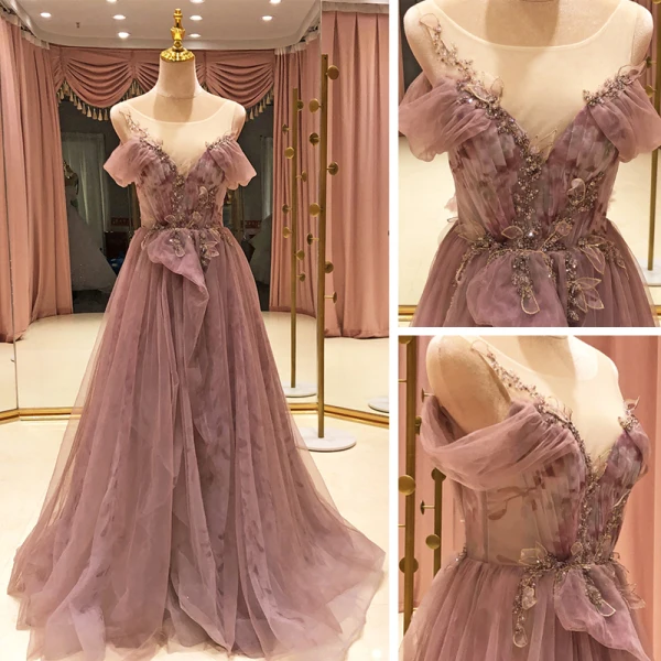 High End Rosa Durchsichtige Ballkleider 2021 A Linie Eckiger Ausschnitt Kurze Ärmel Perlenstickerei Sweep / Pinsel Zug Rüschen Festliche Kleider