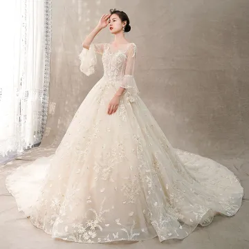 Chic Beautiful Champagne See Through Wedding Dresses 2018 Ball Gown Scoop Neck Bell Sleeves Backless Butterfly Appliques Lace Handmade Beading Rhinestone Cathedral Train Ruffle
