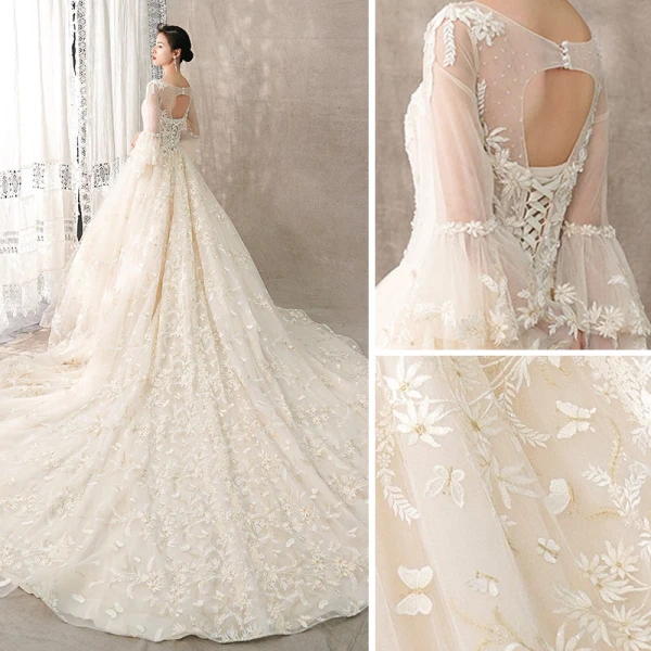 Chic / Belle Champagne Transparentes Robe De Mariée 2018 Robe Boule Encolure Dégagée Manches de cloche Dos Nu Papillon Appliques En Dentelle Fait main Perlage Faux Diamant Cathedral Train Volants