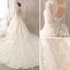 Chic / Belle Champagne Transparentes Robe De Mariée 2018 Robe Boule Encolure Dégagée Manches de cloche Dos Nu Papillon Appliques En Dentelle Fait main Perlage Faux Diamant Cathedral Train Volants