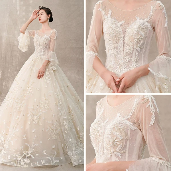 Chic / Belle Champagne Transparentes Robe De Mariée 2018 Robe Boule Encolure Dégagée Manches de cloche Dos Nu Papillon Appliques En Dentelle Fait main Perlage Faux Diamant Cathedral Train Volants