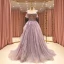 High End Lavendel Ballkleider 2021 A Linie Schultern Kurze Ärmel Perlenstickerei Drucken Blumen Glanz Tülle Sweep / Pinsel Zug Rüschen Rückenfreies Festliche Kleider