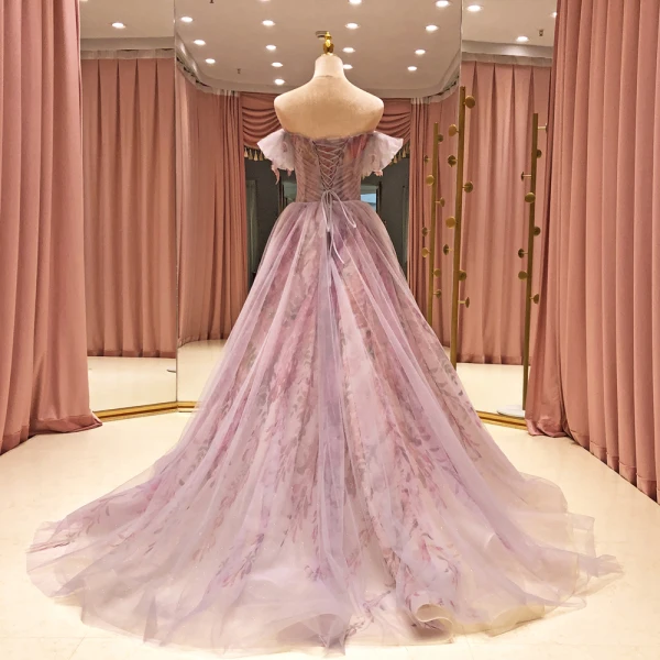 High End Lavendel Ballkleider 2021 A Linie Schultern Kurze Ärmel Perlenstickerei Drucken Blumen Glanz Tülle Sweep / Pinsel Zug Rüschen Rückenfreies Festliche Kleider