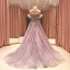 High End Lavendel Ballkleider 2021 A Linie Schultern Kurze Ärmel Perlenstickerei Drucken Blumen Glanz Tülle Sweep / Pinsel Zug Rüschen Rückenfreies Festliche Kleider