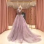 High End Lavendel Ballkleider 2021 A Linie Schultern Kurze Ärmel Perlenstickerei Drucken Blumen Glanz Tülle Sweep / Pinsel Zug Rüschen Rückenfreies Festliche Kleider