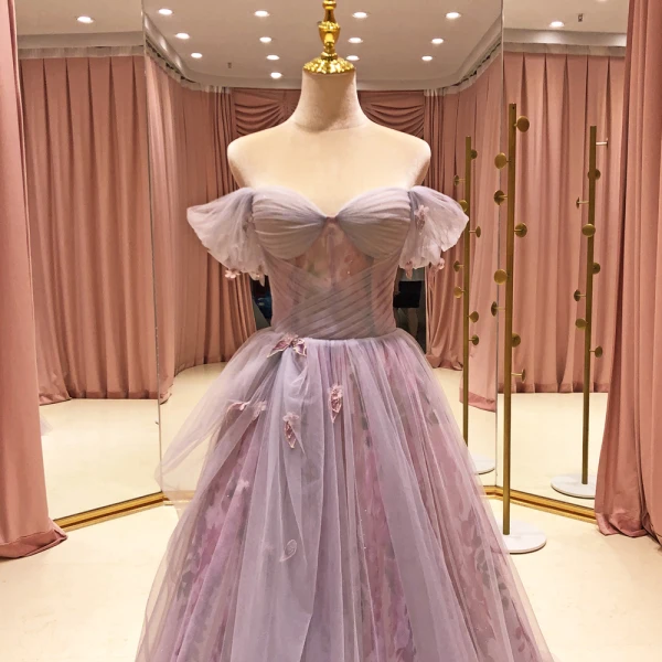 High End Lavendel Ballkleider 2021 A Linie Schultern Kurze Ärmel Perlenstickerei Drucken Blumen Glanz Tülle Sweep / Pinsel Zug Rüschen Rückenfreies Festliche Kleider