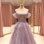 High End Lavendel Ballkleider 2021 A Linie Schultern Kurze Ärmel Perlenstickerei Drucken Blumen Glanz Tülle Sweep / Pinsel Zug Rüschen Rückenfreies Festliche Kleider