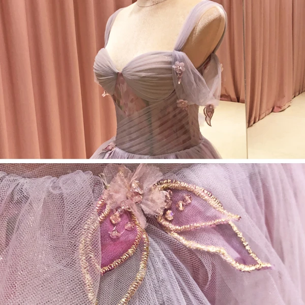 High End Lavendel Ballkleider 2021 A Linie Schultern Kurze Ärmel Perlenstickerei Drucken Blumen Glanz Tülle Sweep / Pinsel Zug Rüschen Rückenfreies Festliche Kleider