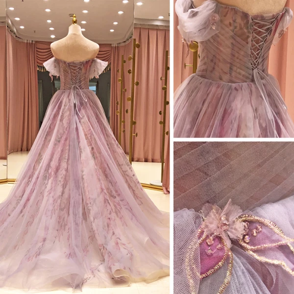 High End Lavendel Ballkleider 2021 A Linie Schultern Kurze Ärmel Perlenstickerei Drucken Blumen Glanz Tülle Sweep / Pinsel Zug Rüschen Rückenfreies Festliche Kleider