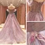 High End Lavendel Ballkleider 2021 A Linie Schultern Kurze Ärmel Perlenstickerei Drucken Blumen Glanz Tülle Sweep / Pinsel Zug Rüschen Rückenfreies Festliche Kleider