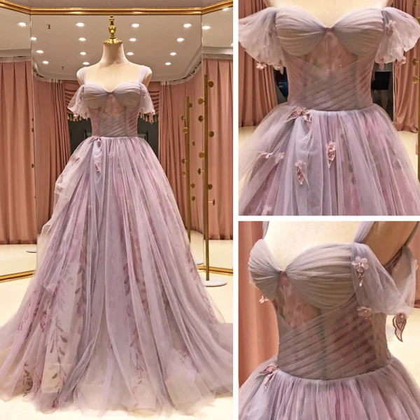 High End Lavendel Ballkleider 2021 A Linie Schultern Kurze Ärmel Perlenstickerei Drucken Blumen Glanz Tülle Sweep / Pinsel Zug Rüschen Rückenfreies Festliche Kleider