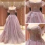 High End Lavendel Ballkleider 2021 A Linie Schultern Kurze Ärmel Perlenstickerei Drucken Blumen Glanz Tülle Sweep / Pinsel Zug Rüschen Rückenfreies Festliche Kleider